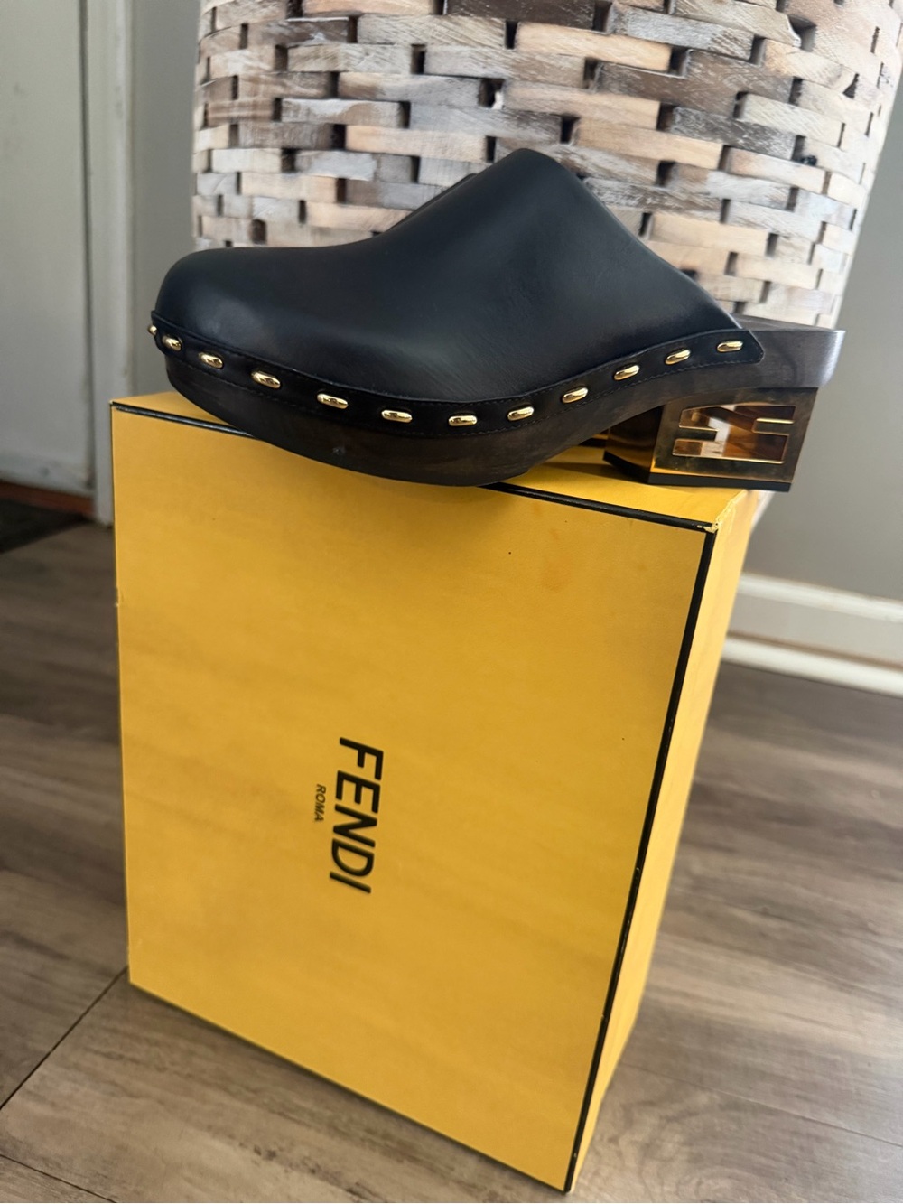 Fendi Black Leather Studded Clog Mule with Gold Heel Accent